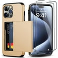 thumbnail image 1 of for iPhone 15 Pro Wallet Case with Card Holder + 2 Tempered Glass Screen Protector, Heavy Duty Protective Dual Layer Shockproof Hidden Card Slot Slim Case Women Men 6.1 inch (Gold), 1 of 14
