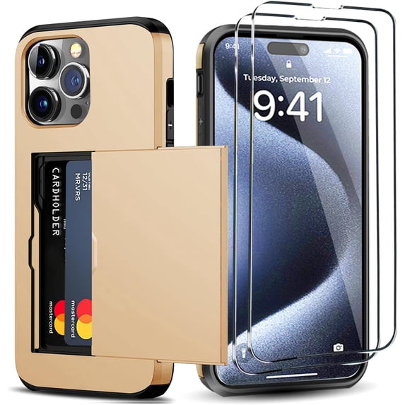for iPhone 15 Pro Wallet Case with Card Holder + 2 Tempered Glass Screen Protector, Heavy Duty Protective Dual Layer Shockproof Hidden Card Slot Slim Case Women Men 6.1 inch (Gold)