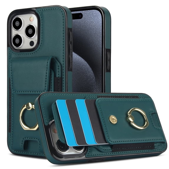 For iPhone 15 Pro Wallet Case with Card Holder, 360°Rotation Ring Holder Kickstand, 4 Card Slots PU Leather Case, RFID Blocking Magnetic Clasp Protective Cover,Green