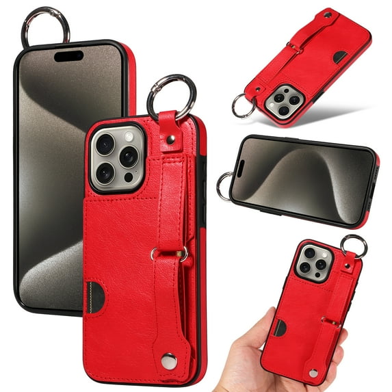 for iPhone 15 Pro Wallet Case with Card Holder, Hand Wrist Strap Loop Holder Kickstand, Finger Grip Ring PU Leather Double Buttons Shockproof Soft TPU Cover for iPhone 15 Pro, Red