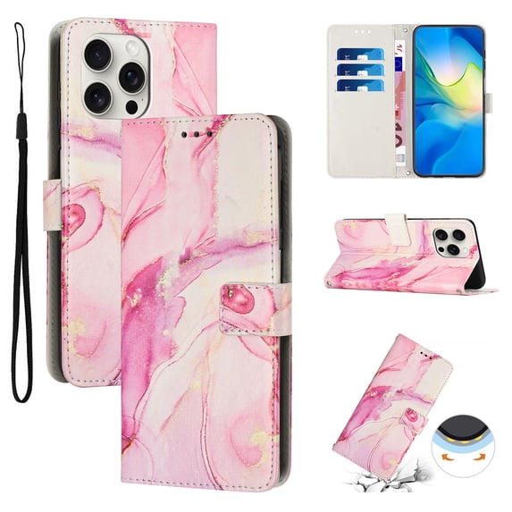 for iPhone 15 Pro Wallet Case with Card Holder,Women Men RFID Blocking PU Leather Flip Cover Wrist Strap Magnetic Closure Credit Card Slots Marble Patterned Book Style Phone Case,Rosegold
