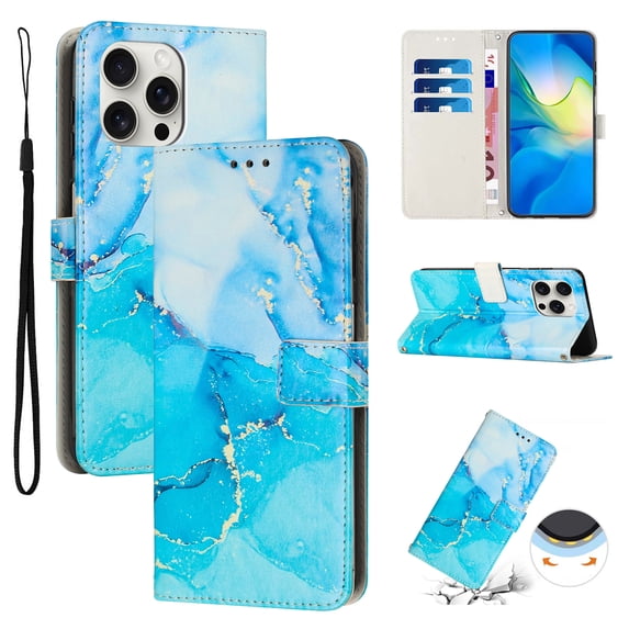 for iPhone 15 Pro Wallet Case with Card Holder,Women Men RFID Blocking PU Leather Flip Cover Wrist Strap Magnetic Closure Credit Card Slots Marble Patterned Book Style Phone Case,Blue