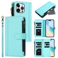 thumbnail image 1 of For iPhone 15 Pro Wallet Case with Card Holder & Zipper Pocket – PU Leather Magnetic Flip Folio Cover, 9 Card Slots, Kickstand & Wrist Strap | Retro Purse Style Handbag Phone Case,Mint Green, 1 of 25