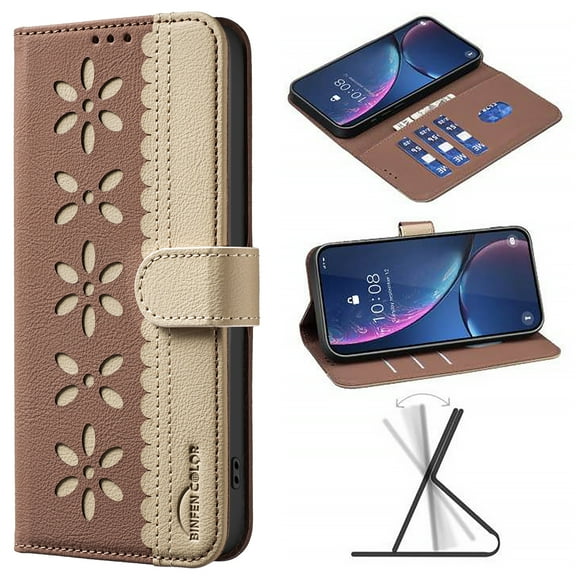 For iPhone 15 Pro Wallet Case,Card Slots [RFID Blocking] Splice Premium PU Leather ID Credit Holder Folio Flip Kickstand Magnetic Clasp Flower Patterned Shockproof Phone Cover,Brown