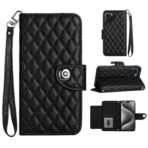 for iPhone 15 Pro Wallet Case, Elegant Card Holder Cash Slot PU Leather Kickstand Wrist Strap Wallet Shockproof Protective Flip Women Girls Case Cover for iPhone 15 Pro, Black