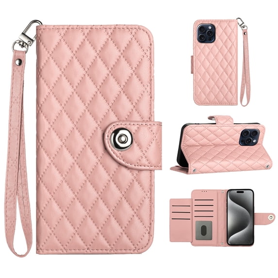 for iPhone 15 Pro Wallet Case, Elegant Card Holder Cash Slot PU Leather Kickstand Wrist Strap Shockproof Protective Flip Women Girls Case Cover for iPhone 15 Pro, Coralpink