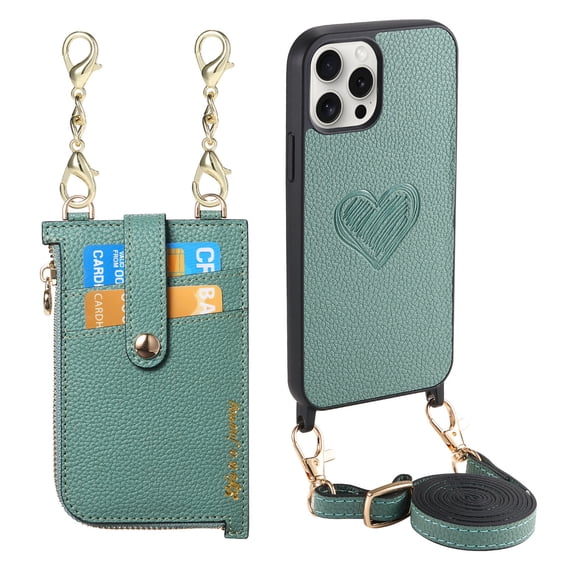 For iPhone 15 Pro Wallet Case with Love Pattern - Crossbody Design with Adjustable Shoulder Strap, Secure Zipper Purse, Easy-Access Zipper Card Slot Phone Cover for iPhone 15 Pro, Green