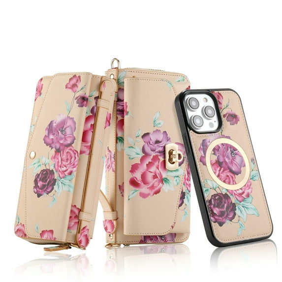 for iPhone 15 Pro Wallet Case - Magnetic Detachable Back Case with RFID Blocking Card Holder, Hand Strap & Crossbody Strap, Floral Flower PU Leather Flip Cover Case for Women Girls, Yellow