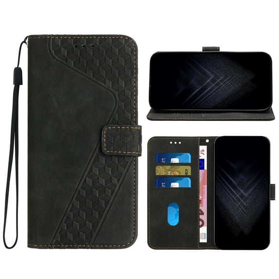 for iPhone 15 Pro Wallet Case, PU Leather Flip Protective Phone Case Wrist Strap Credit Card Holder Pocket Embossed Kickstand Full Body Protection Classic Case for iPhone 15 Pro, Black