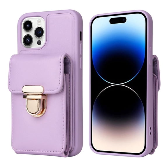 iPhone 15 Pro Wallet Case with Strap Lanyard Leather Crossbody Shockproof Purse Women-Purple