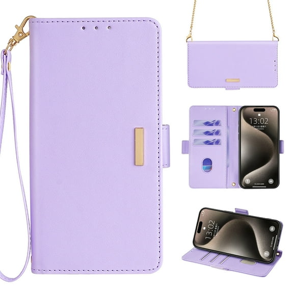 for iPhone 15 Pro Wallet Flip Case, Elegant Wrist Strap and Shoulder Chain Credit Card Slots Cash Slot RFID Blocking PU Leather Kickstand Phone Case Cover for iPhone 15 Pro, Purple