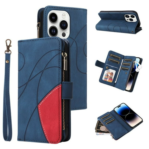 for iPhone 15 Pro Wallet Phone Case with 9 Card Holder Zipper Pocket, Magnetic Closure Premium Folio PU Leather Flip Case with Wrist Strap for iPhone 15 Pro 6.1inch,Blue,For iPhone 15 Pro