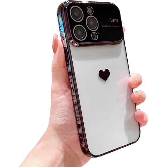 for iPhone 15 ProMax with Camera Lens Protector Luxury Electroplated iPhone 15 Pro Max Case for Women Soft TPU Shockproof Protective Slim Fit Cute Clear Heart Phone Case 6.7” (Black)