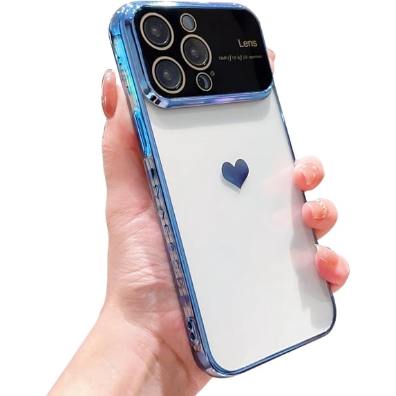 for iPhone 15 ProMax with Camera Lens Protector Luxury Electroplated iPhone 15 Pro Max Case for Women Soft TPU Shockproof Protective Slim Fit Cute Clear Heart Phone Case 6.7” (Blue)