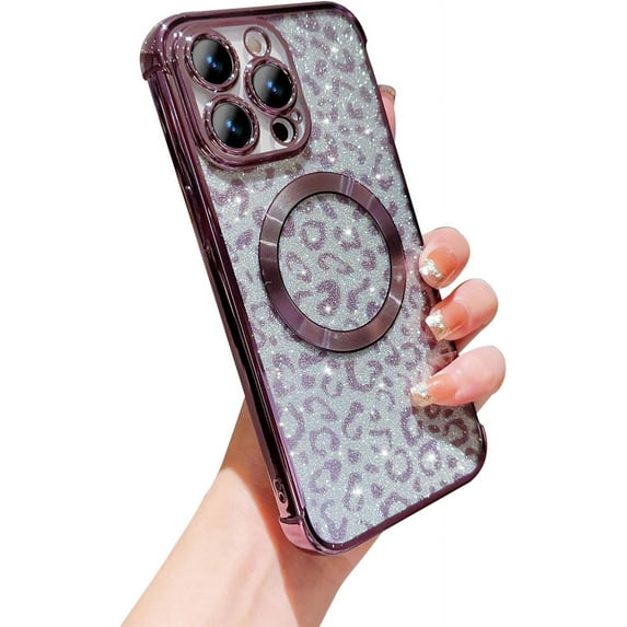 for iPhone 15 ProMax Case Compatible with MagSafe, Leopard Glitter Magnetic 15 Pro Max Case for Women Luxury Plating Clear Camera Lens Cover Shockproof Soft Silicone Bumper 6.7 "(Deep Purple)