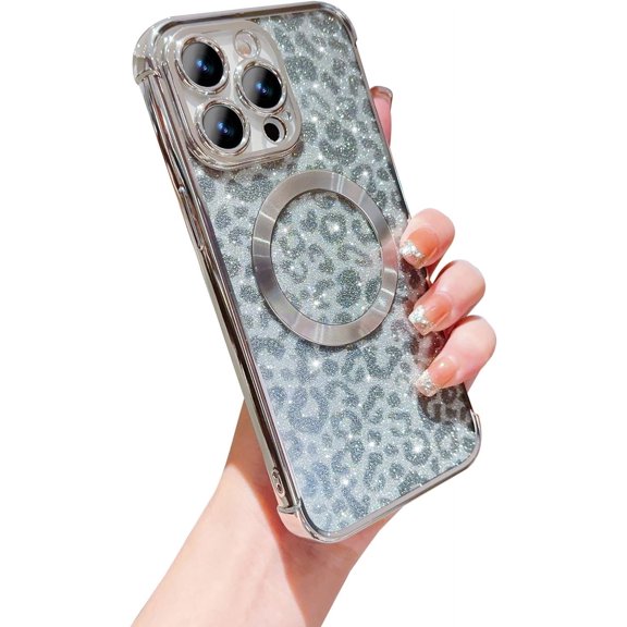 for iPhone 15 ProMax Case Compatible with MagSafe, Leopard Glitter Magnetic 15 Pro Max Case for Women Luxury Plating Clear Camera Lens Cover Shockproof Soft Silicone Bumper 6.7" (Silver)