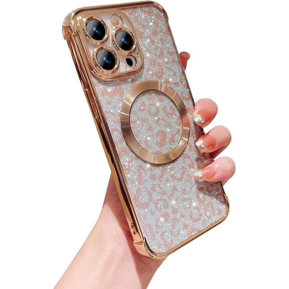 for iPhone 15 ProMax Case Compatible with MagSafe, Leopard Glitter Magnetic 15 Pro Max Case for Women Luxury Plating Clear Camera Lens Cover Shockproof Soft Silicone Bumper 6.7 "(Gold)