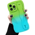 thumbnail image 1 of for iPhone 15 ProMax Case with Wrist Strap & Stand, Cute Gradient Wavy 15 Pro Max Case with Camera Lens Cover Soft Silicone Bumper Shockproof Phone Case for Women Men 6.7" (Green Blue), 1 of 8