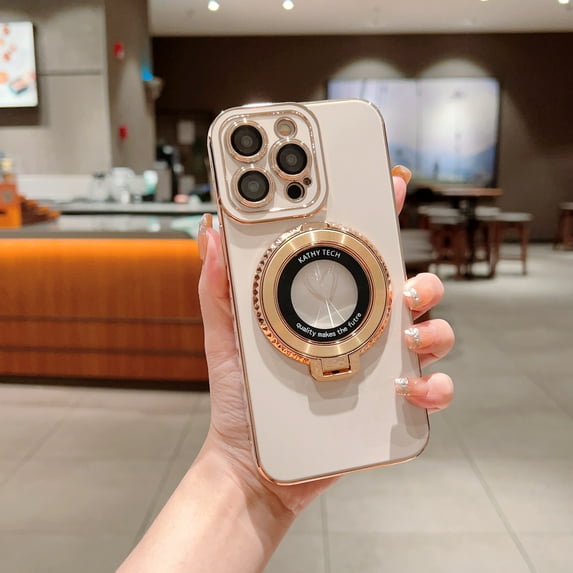 for iPhone 15 Ring Stand Case with Camera Lens Protector, Electroplated Edge Cute Heart Love Pattern Rugged Bracket Shockproof Protective Phone Cover for iPhone 15, White