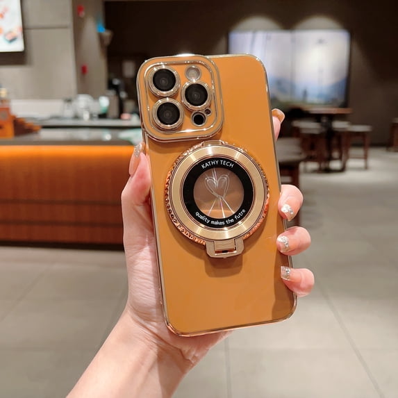 for iPhone 15 Ring Stand Case with Camera Lens Protector, Electroplated Edge Cute Heart Love Pattern Rugged Bracket Shockproof Protective Phone Cover for iPhone 15, Coffee