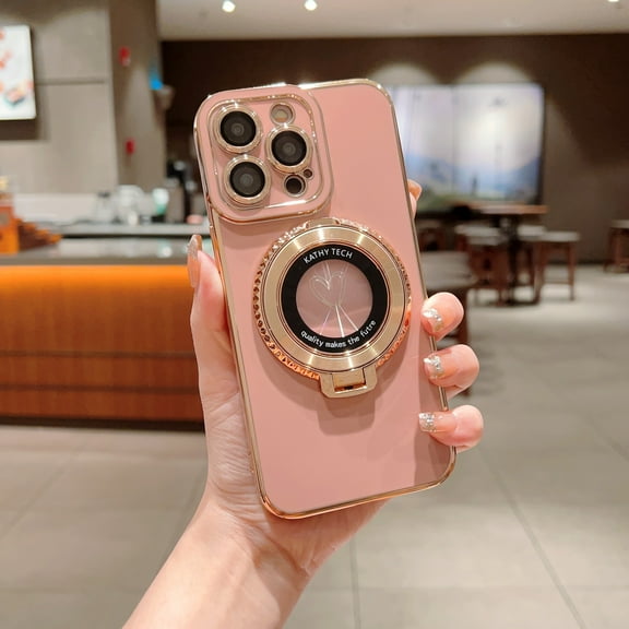 for iPhone 15 Ring Stand Case with Camera Lens Protector, Electroplated Edge Cute Heart Love Pattern Rugged Bracket Shockproof Protective Phone Cover for iPhone 15, Pink