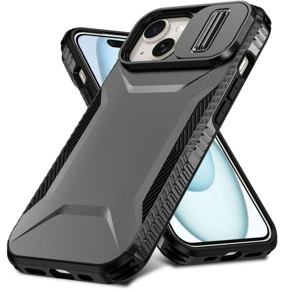 for iPhone 15 Rugged Case with Camera Lens Sliding Cover, Heavy Duty Polycarbonate Protective Shockproof Cover with Slide Camera Cover Upgraded Drop Resistant Case for iPhone 15, Black