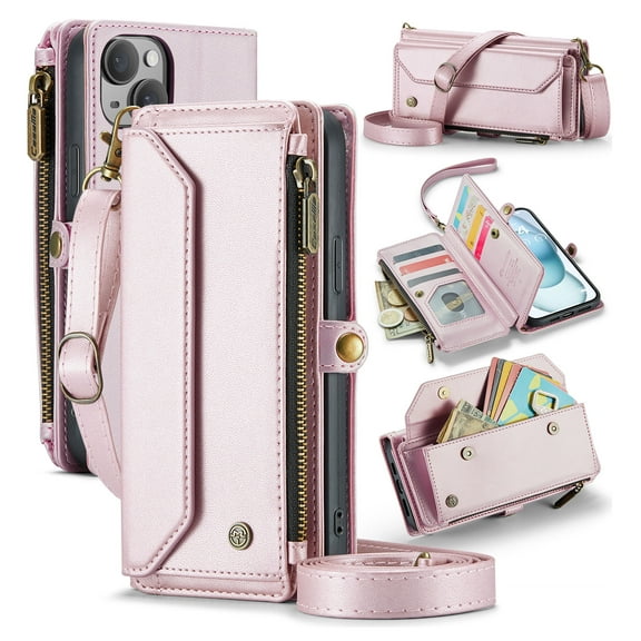 for iPhone 15 Rugged Case, Classic PU Leather Shoulder Strap Wrist Strap Zipper Pocket RFID Blocking Wireless Charging Kickstand Case Cover for iPhone 15, Pink