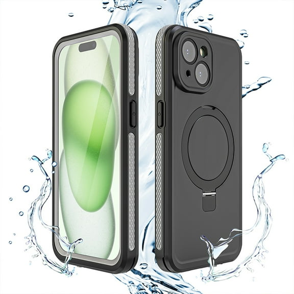for iPhone 15 Rugged Case with Magsafe Ring Kickstand, Waterproof Shockproof Built-in Screen Protector, Full Body Protection Phone Cover with Dust Plug for iPhone 15, Gray