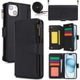 thumbnail image 1 of for iPhone 15 Rugged Case, RFID Blocking Wallet Case for Women Men with Card Holder Zipper Magnetic Flip PU Leather Wrist Strap & Shoulder Strap Protective Cover for iPhone 15, Black, 1 of 11