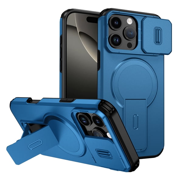For iPhone 15 Rugged Phone Case,With Invisible Kickstand,Compatible with Mag-Safe,With Camera Lens Cover,Shockproof Anti-Scratch Drop Protection Durable Heavy Duty Phone Case,Blue