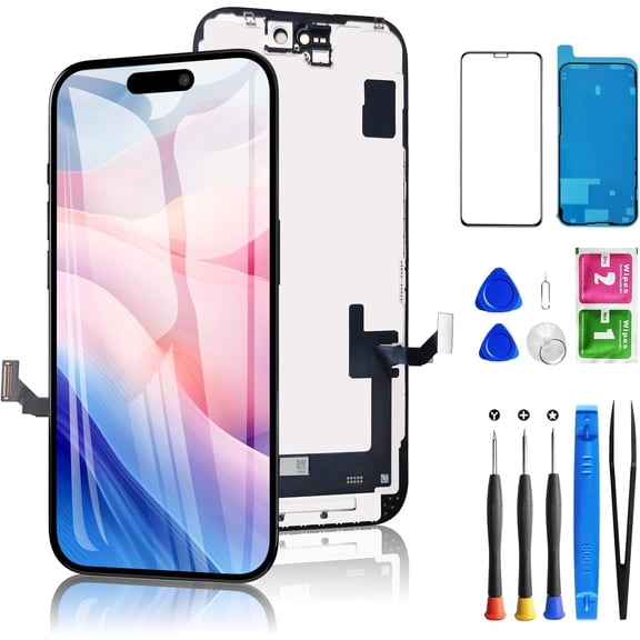 for iPhone 15 Screen Replacement 6.1 Inch Full HD, 3D Touch LCD Screen Display Digitizer Assembly with Repair Kit, Compatible for Model A2846, A3089, A3092, A3090, Black