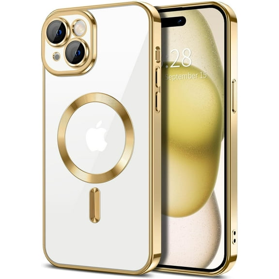 iPhone 15 Silicone Chrome Magnetic Case [Yellow Resistant] Soft Back Cover, Clear Magnetic Case Compatible with Magsafe Shockproof Protective Phone Case for 15 6.1 Inch, Gold