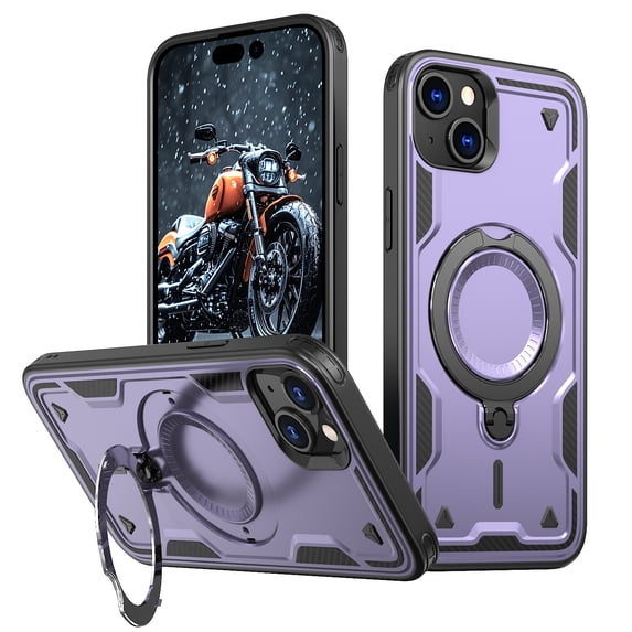 for iPhone 15 Slim Thin Case, Compatible with Magsafe Bracket 360 Rotating Ring Kickstand Hybrid Drop Protective TPU+PC Anti-Fall Durable Phone Cover for iPhone 15, Purple