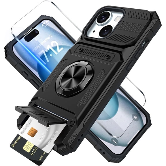 for iPhone 15 Wallet Case with Card Holder + 1 Screen Protector, (2 Cards) & 360°Ring Kickstand Military Grade Drop Shockproof Rugged Case for iPhone 15 6.1" (Black)