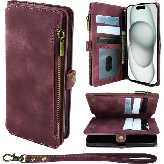 for iPhone 15 Wallet Case with Card Holder and Zipper Pocket Wrist Strap RFID Blocking Card Slot Heavy Duty Protective Premium Leather Large Storage Wallet Phone Case for iPhone 15(Red)