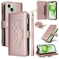thumbnail image 1 of for iPhone 15 Wallet Case with Card Holder/Zipper Wallet Slot/Crossbody Strap+Hand Lanyard,[RFID Blocking][Magnetic Closure] PU Leather Shockproof Flip Kickstand Phone Cover,Rosegold, 1 of 9