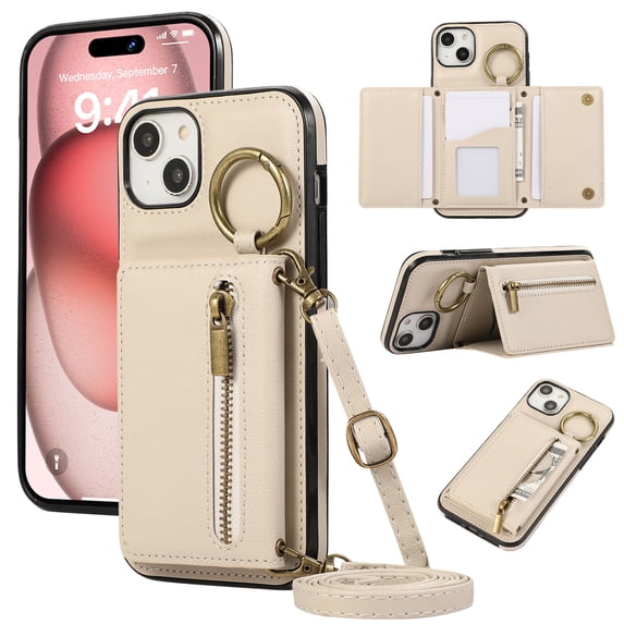 for iPhone 15 Wallet Case with Card Holders for Women Girls, Crossbody Strap Zipper PU Leather Case with Finger Ring Protective Kickstand Designed for iPhone 15, Beige