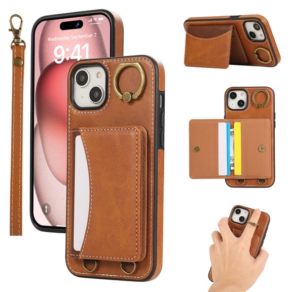 for iPhone 15 Wallet Case with Card Slots, Hand Wrist Strap Rotate Ring Design, Finger Grip Ring PU Leather Magnetic Button Shockproof Purse Phone Cover for iPhone 15, Brown