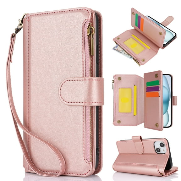 for iPhone 15 Wallet Case with Card Slots, Premium PU Leather Case for Women & Men, RFID Blocking Zipper Pocket Crossbody Wrist Strap Lanyard Shockproof Protective Phone Cover, Rosegold