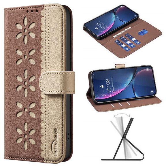 For iPhone 15 Wallet Case,Card Slots [RFID Blocking] Splice Premium PU Leather ID Credit Holder Folio Flip Kickstand Magnetic Clasp Flower Patterned Shockproof Phone Cover,Brown