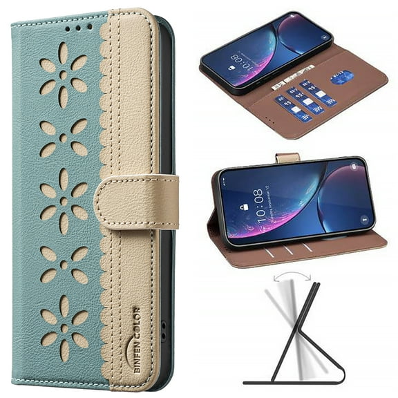 For iPhone 15 Wallet Case,Card Slots [RFID Blocking] Splice Premium PU Leather ID Credit Holder Folio Flip Kickstand Magnetic Clasp Flower Patterned Shockproof Phone Cover,Green