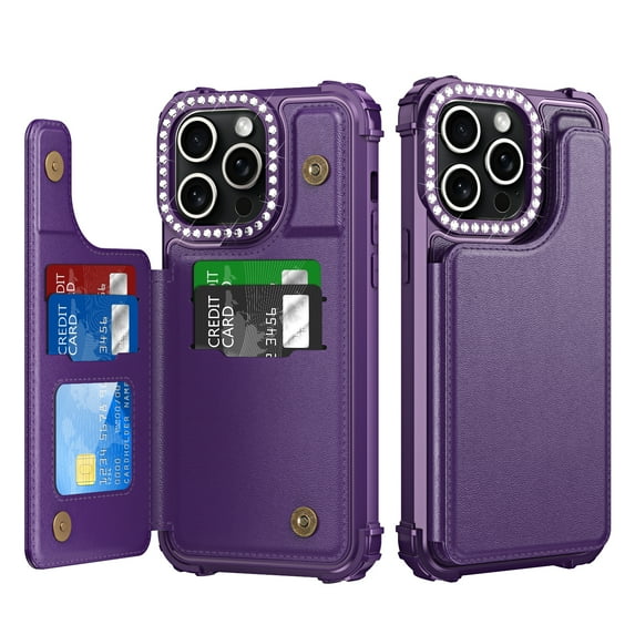 for iPhone 15 Wallet Case with Credit Card Holder,RFID Blocking,PU Premium Bling Diamond Leather Double Magnetic Clasp Kickstand Heavy Duty Protective Cover for iPhone 15, Purple