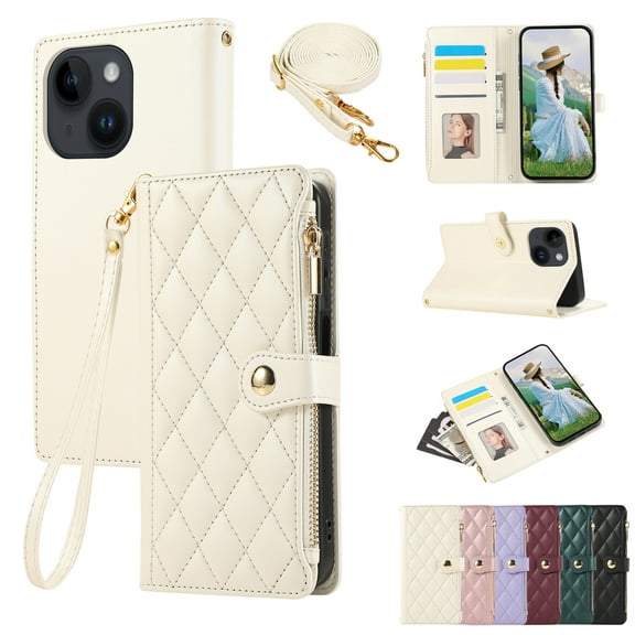 iPhone 15 Wallet Case, with Crossbody Shoulder Strap Hand Wrist Cards Holder Zipper Pocket RFID Blocking Shockproof Flip Cover Stand Snap Closure Phone Case for Apple iPhone 15, Beige