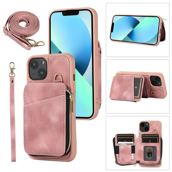 for iPhone 15 Wallet Case Crossbody Strap, Zipper Phone Case with Card Holder Wrist Strap Purse Cover with Kickstand Compatible with iPhone 15 (6.1 inch, 2023) - Pink