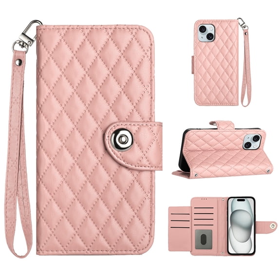 for iPhone 15 Wallet Case, Elegant Card Holder Cash Slot PU Leather Kickstand Wrist Strap Shockproof Protective Flip Women Girls Case Cover for iPhone 15, Coralpink