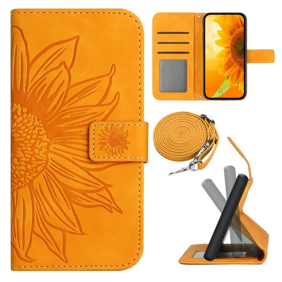 for iPhone 15 Wallet Case, Flip Case PU Leather Soft TPU Embossed Folio Magnetic Adjustable Kickstand Crossbody Strap Cover Card Slots Fall Prevention Case for iPhone 15, Yellow
