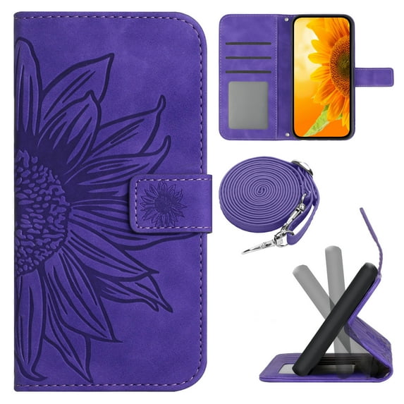 for iPhone 15 Wallet Case, Flip Case PU Leather Soft TPU Embossed Folio Magnetic Adjustable Kickstand Crossbody Strap Cover Card Slots Fall Prevention Case for iPhone 15, Darkpurple