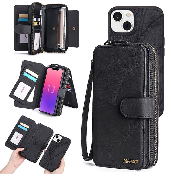 For iPhone 15 Wallet Case, Luxury Zipper Purse Case with [14 Card Slots] & ID Window, Detachable Magnetic PU Leather Flip Kickstand Folio Case with RFID Blocking & Wrist Strap,Black