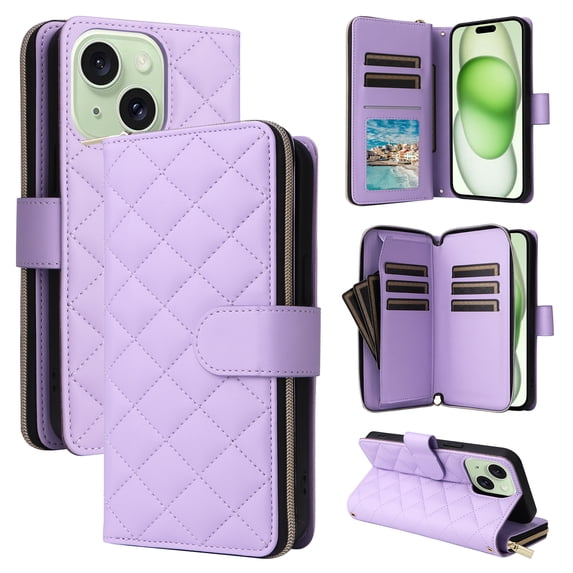 for iPhone 15 Wallet Case, Multi-Functional Zipper Purse Case, with Flip Stand Card Holder PU Leather Phone Cover with Lanyard & Wrist Strap for iPhone 15, Purple