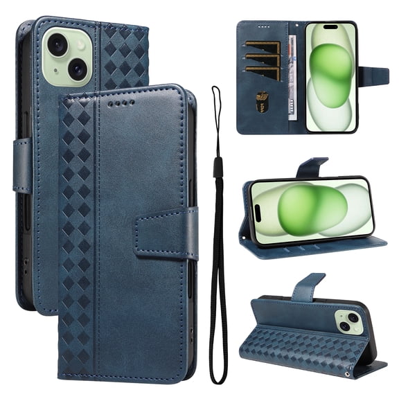 for iPhone 15 Wallet Case, PU Leather Flip Cover with Kickstand, Magnetic Closure Wrist Strap 3 Card Slots & 1 Cash Pocket Shockproof Full Body Protection for iPhone 15, Blue